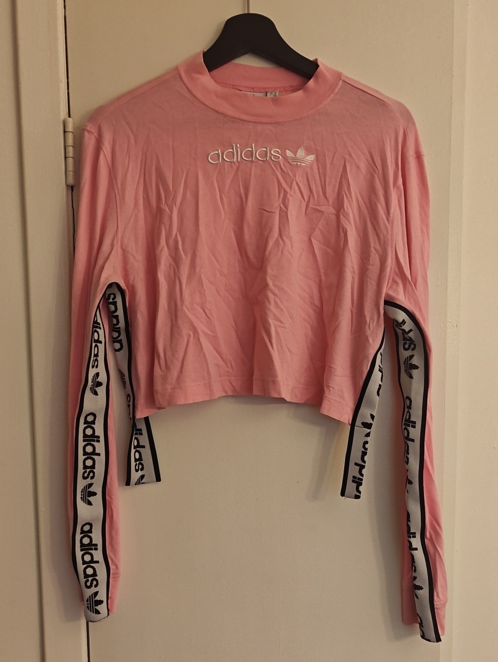 adidas Pink Cropped Long-Sleeve Logo Tee with Tape Sleeves